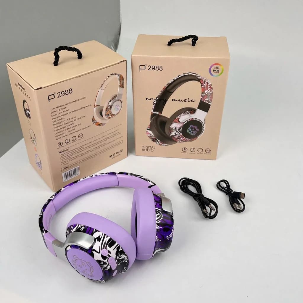 Graffiti Over-Ear Bluetooth Headphones with RGB Lights and Mic
