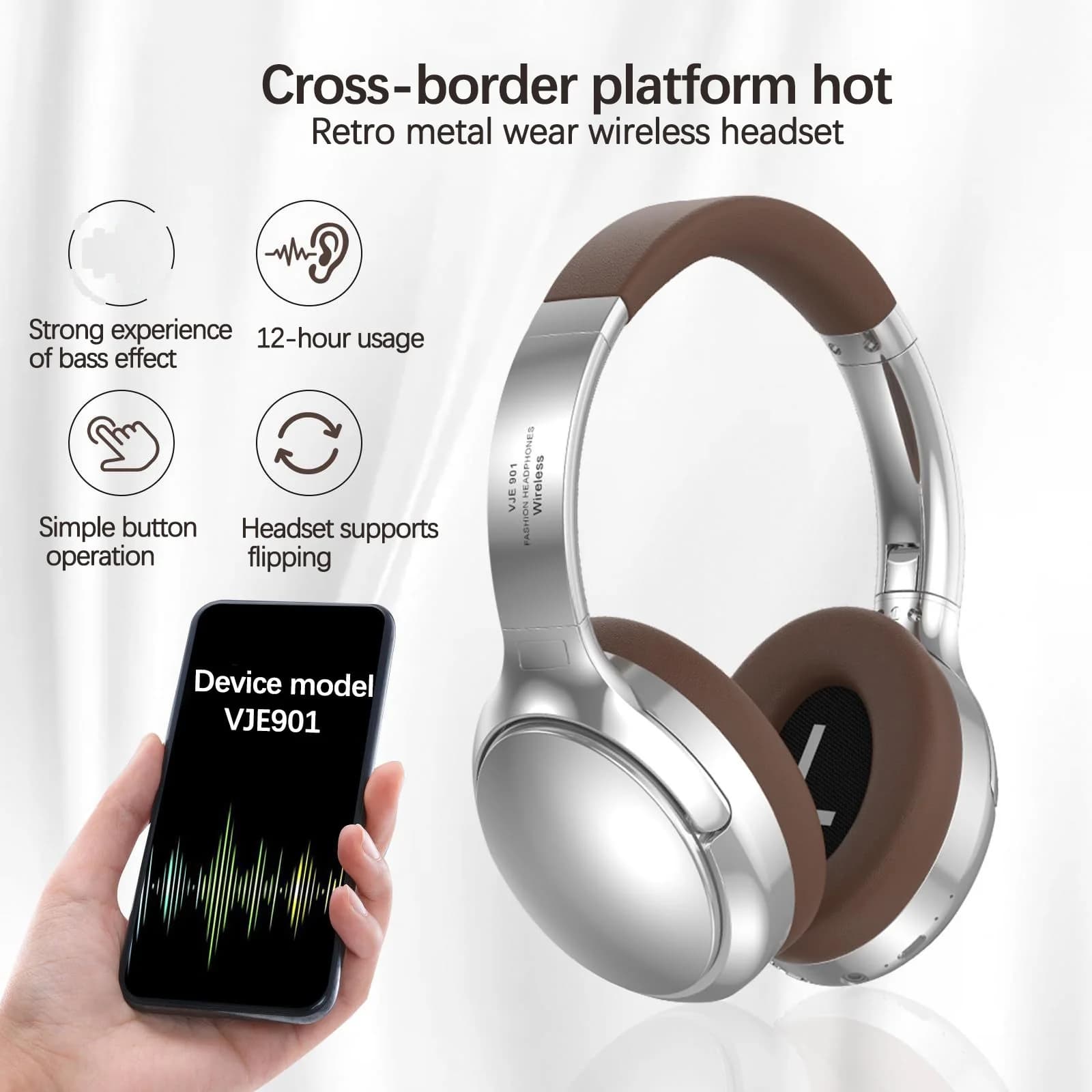 Retro Wireless Bluetooth Headphones Over-Ear Stereo with Mic