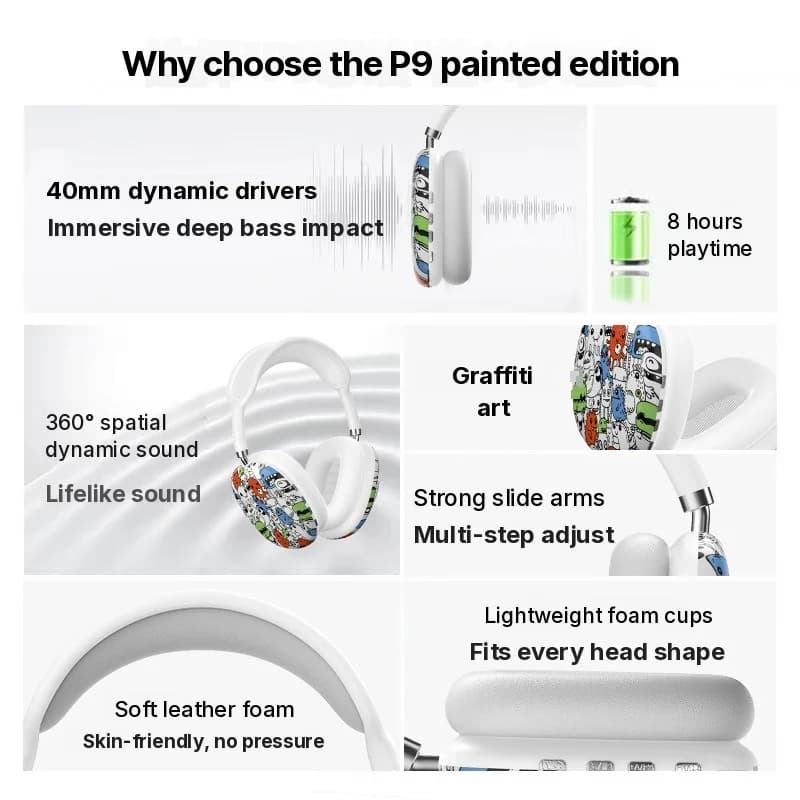 Graffiti Over-Ear Bluetooth Headphones with FM Radio and TF Card Slot