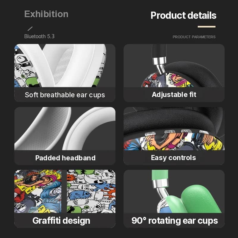 Graffiti Over-Ear Wireless Headphones with FM Radio and TF Card Slot