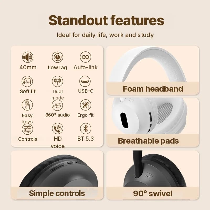 Wireless Bluetooth Over-Ear Headphones with Mic and 3.5mm Audio Cable