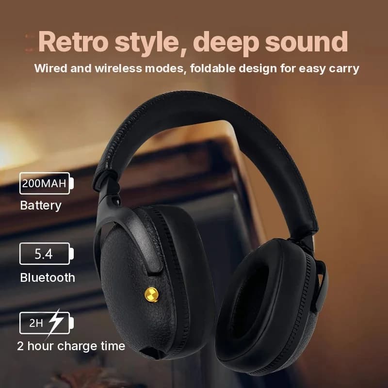 Retro Wireless Over-Ear Headphones with Type-C Charging and TF Card Slot